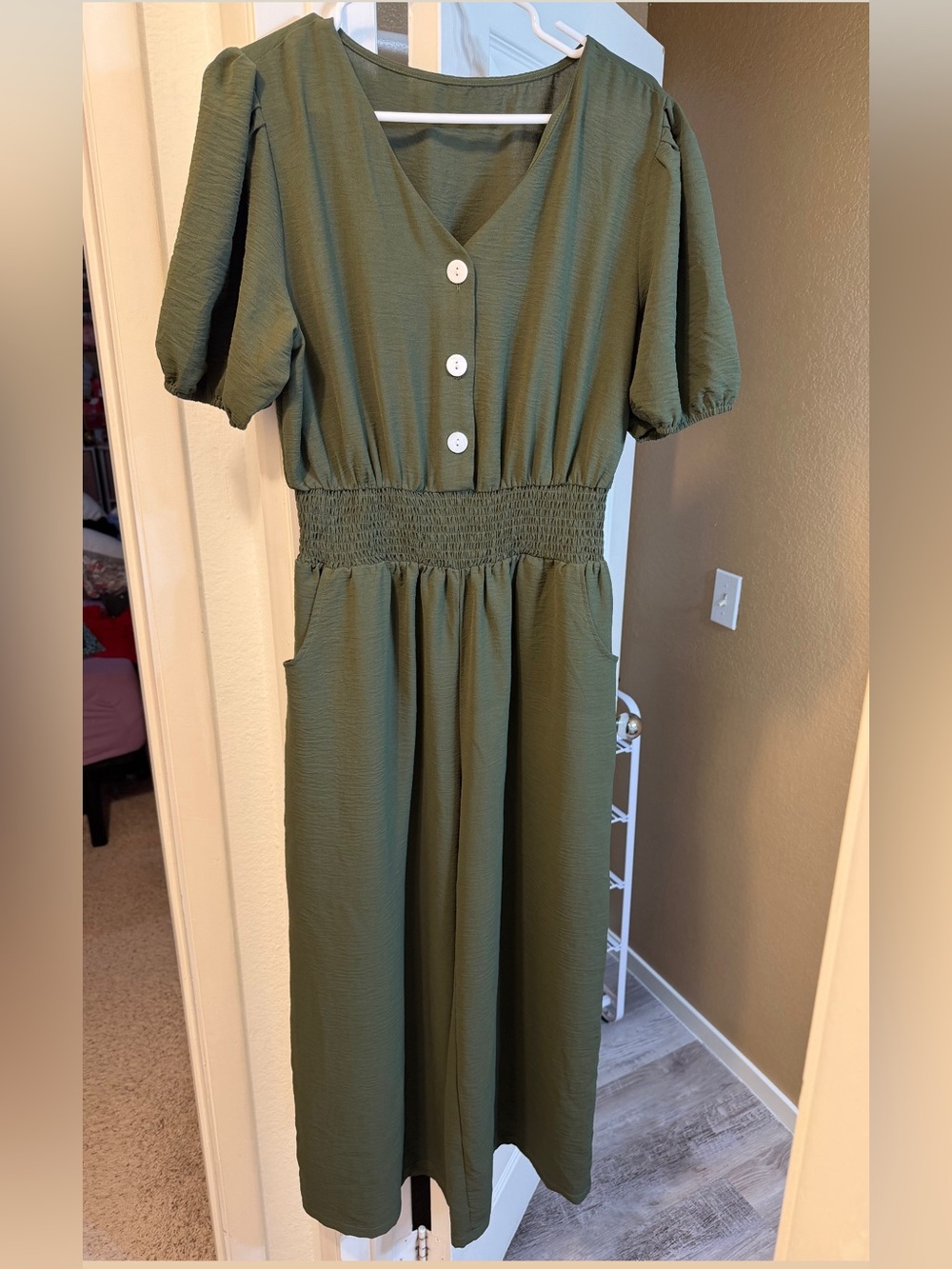 Olive Green V-Neck Smocked Waist unbuttoned Jumpsuit